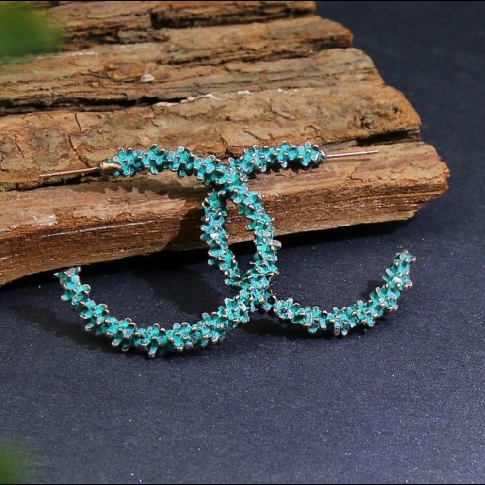Boho Textured Turquoise Hoops - Picture 4 of 4